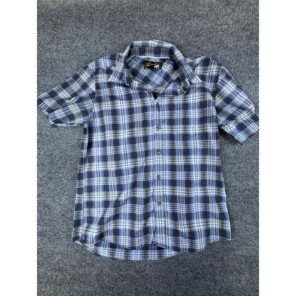 Duke's Sportswear Shirt Mens Large Blue Plaid Cotton Short Sleeve Button Up